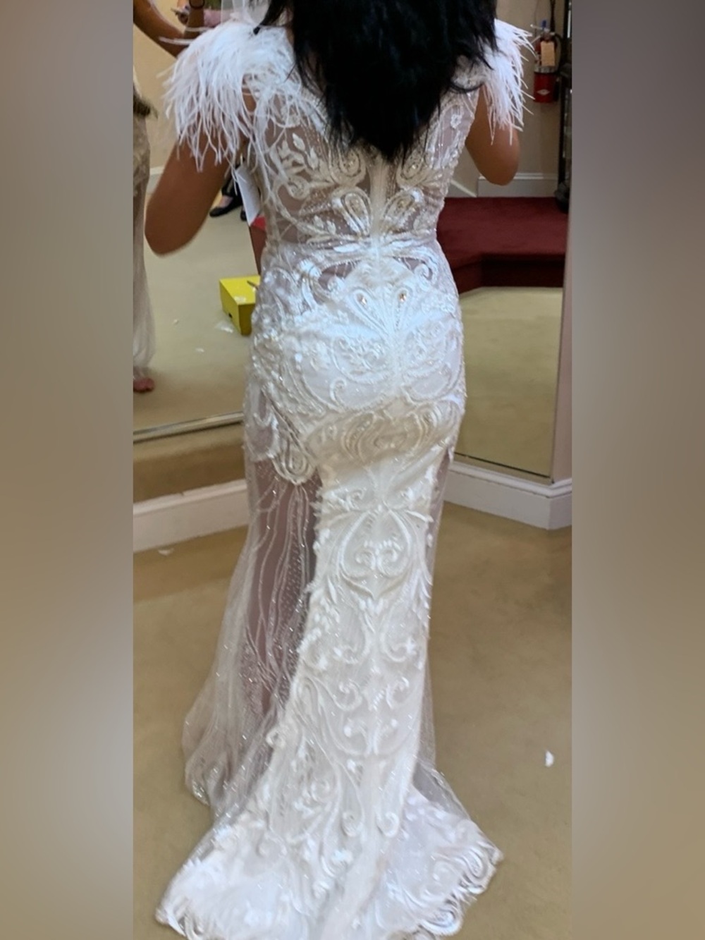 Portia and Scarlett White Feather-Shoulder Embellished Mermaid Gown - Picture 6 of 6